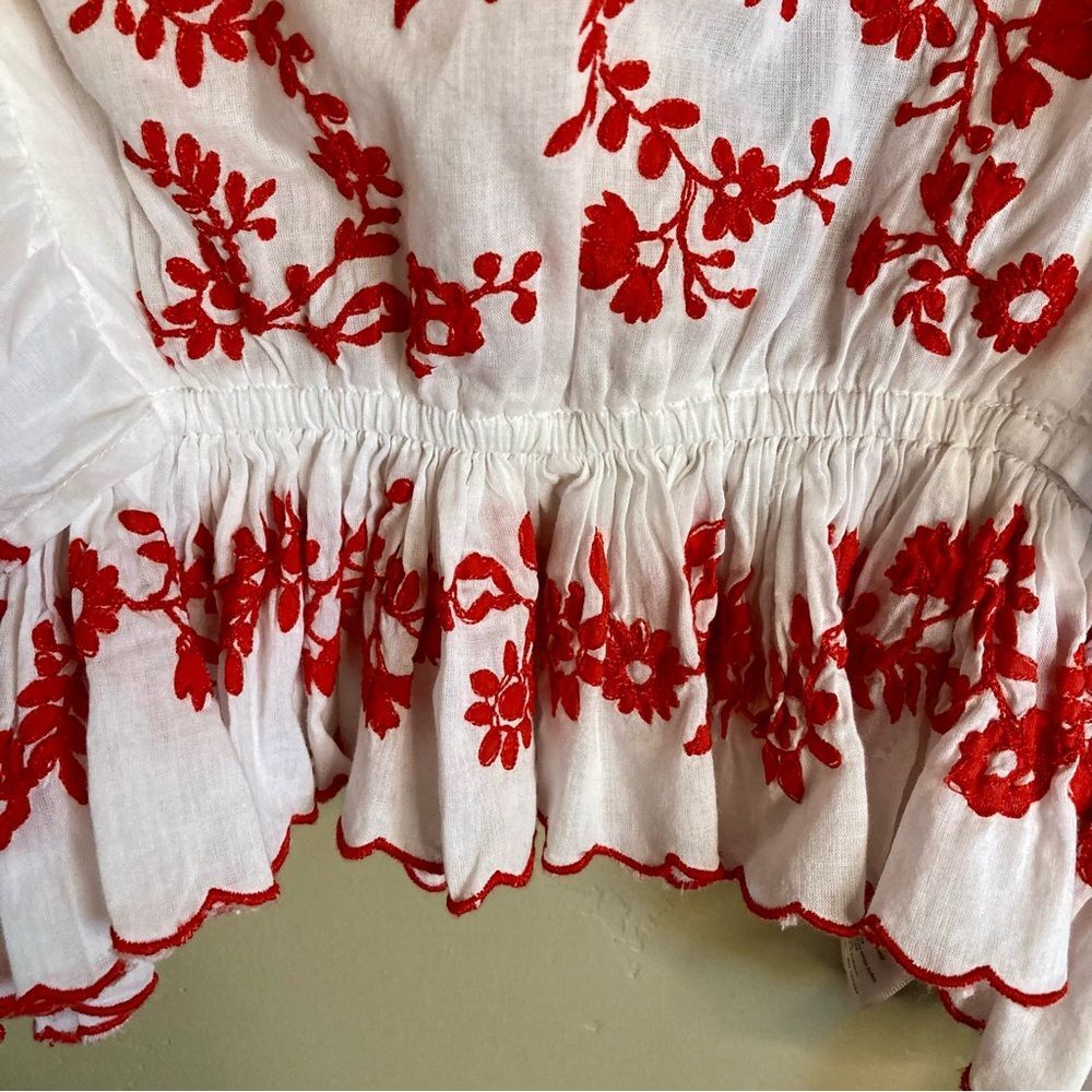 NEW FARM Rio Off-White with Red Embroidered Long Sleeve Blouse Cotton Size XXS - Picture 14 of 16